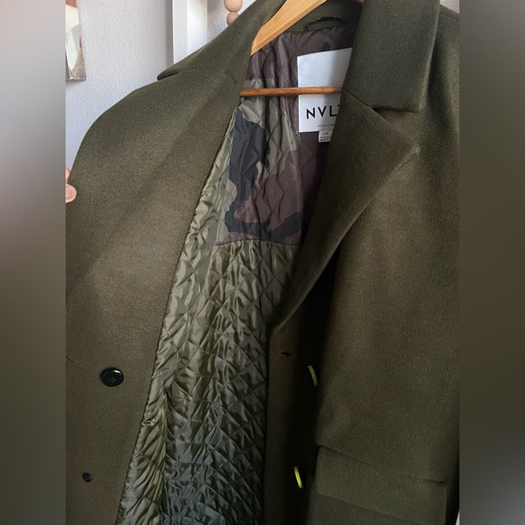 Olive Green Button Front Double Breasted Notch Lapel Coat Size Large - Picture 8 of 10